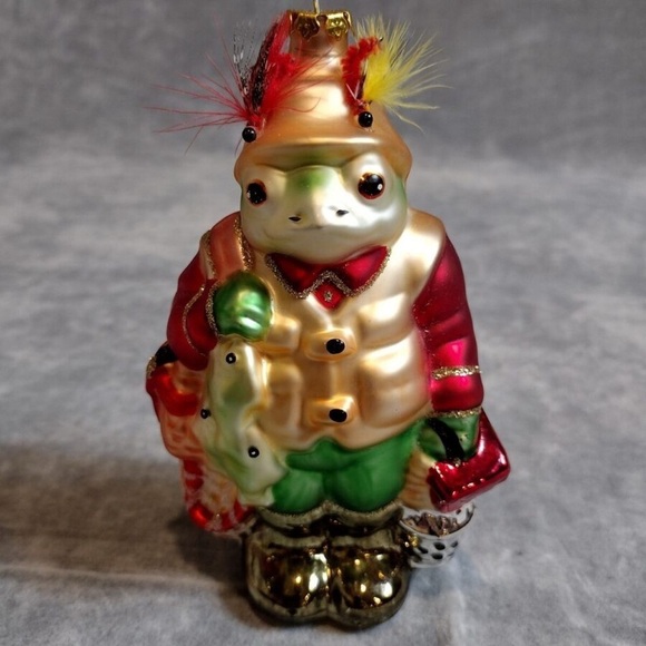 Hand Blown Mercury Glass Fisherman Frog Ornament - Picture 1 of 3